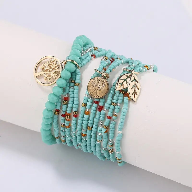 Simple Beaded Bracelet Set Tree Of Life Shape Pendant Stackable Boho Style Hand Jewelry