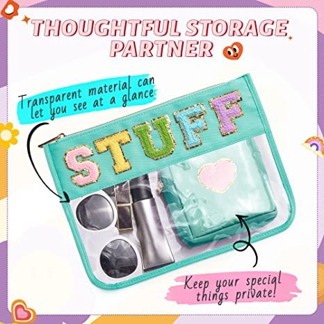 Chenille Letter Clear Bag Purse Multi-purpose Transparent Waterproof Stuff Makeup Tote Bag;  2 Pack Stuff Pouch Varsity Letter Cosmetic Bag;  Toiletry Bag with Patches Preppy Patch Makeup Bag