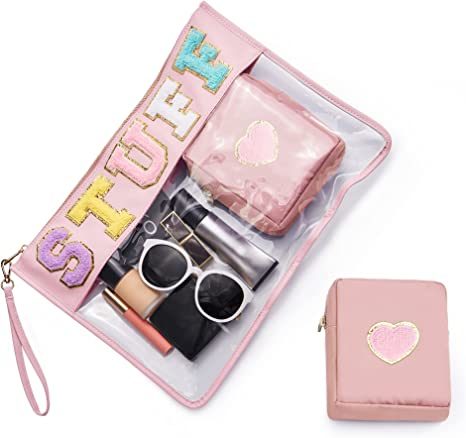 Chenille Letter Clear Bag Purse Multi-purpose Transparent Waterproof Stuff Makeup Tote Bag;  2 Pack Stuff Pouch Varsity Letter Cosmetic Bag;  Toiletry Bag with Patches Preppy Patch Makeup Bag