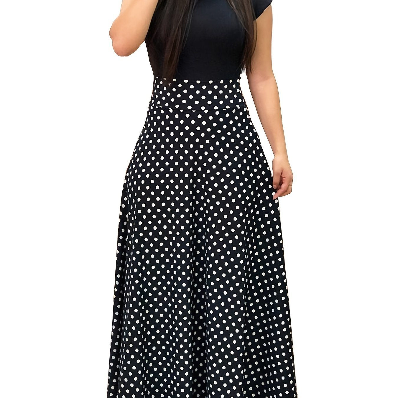 Plus Size Colorblock Polka Dot Short Sleeve Maxi Dress; Women's Plus Elegant Medium Stretch Long Dress