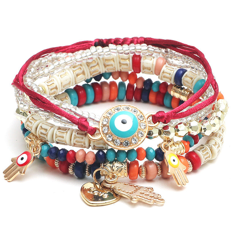 Women's Beaded Multilayer Bracelet Set Boho Devil's Eye Pendant Bracelet Jewelry