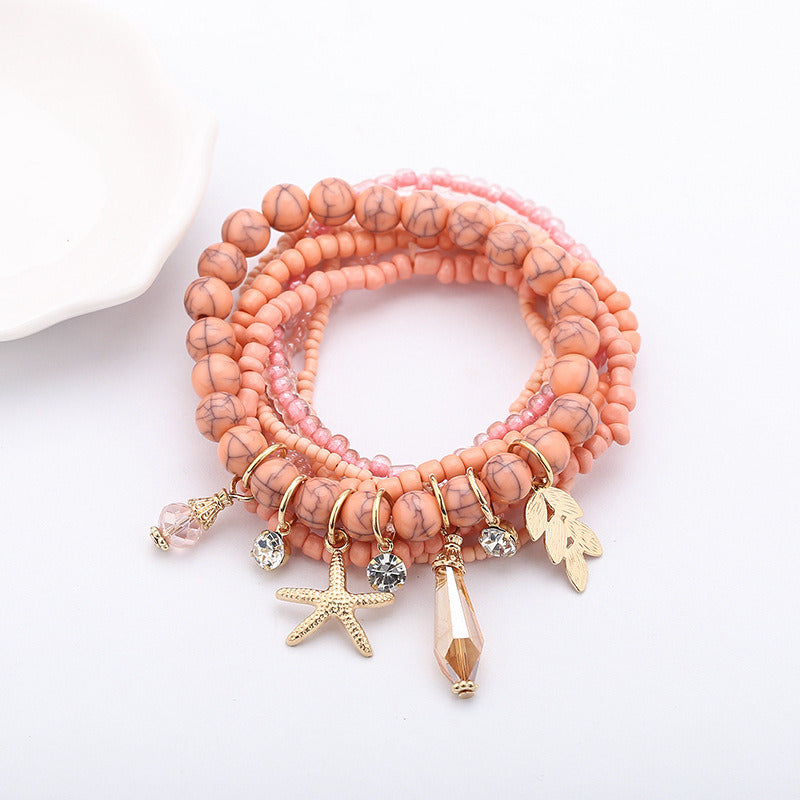 Leaf & Starfish Pendant Beaded Bracelet Boho Style Multilayer Stackable Beaded Bracelet Set Multicolor Hand Jewelry