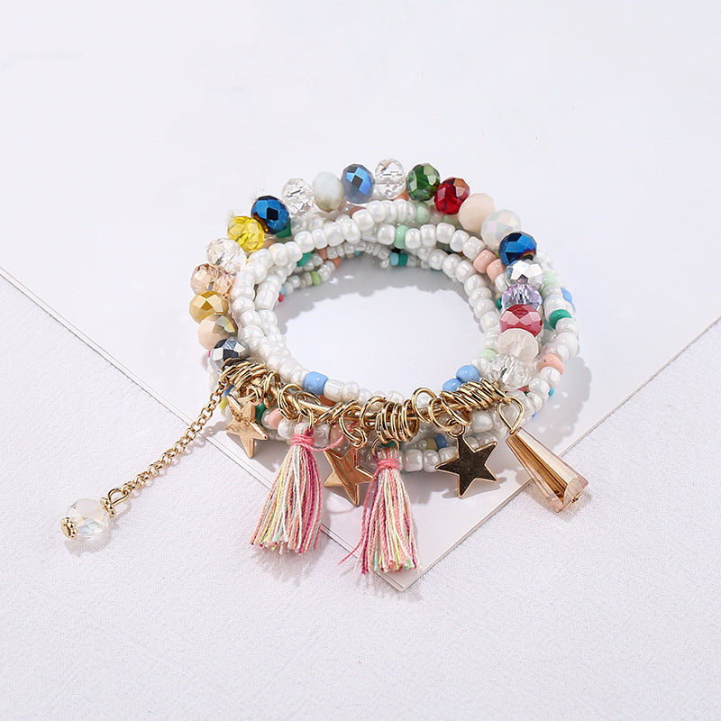 Tassel & Star Pendant Bracelet Boho Style Multilayer Stackable Beaded Bracelet Set Multicolor Hand Jewelry