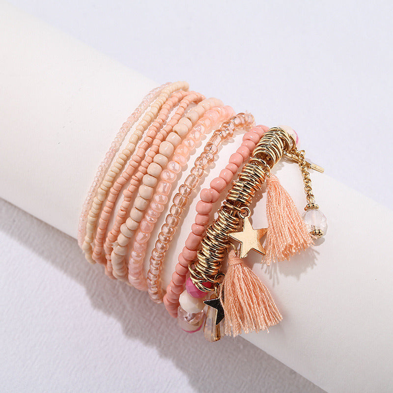 Tassel & Star Pendant Bracelet Boho Style Multilayer Stackable Beaded Bracelet Set Multicolor Hand Jewelry