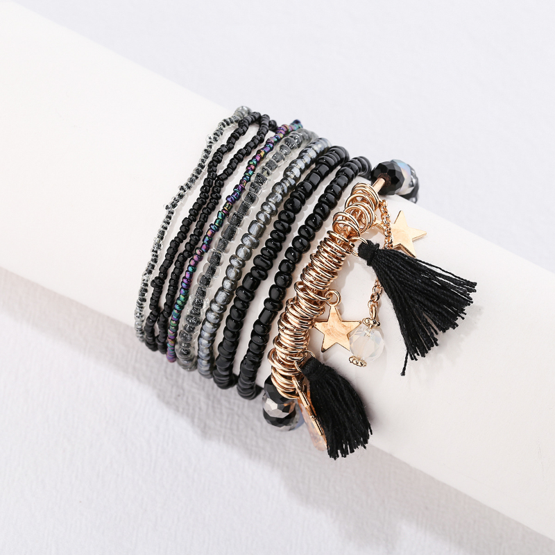 Tassel & Star Pendant Bracelet Boho Style Multilayer Stackable Beaded Bracelet Set Multicolor Hand Jewelry