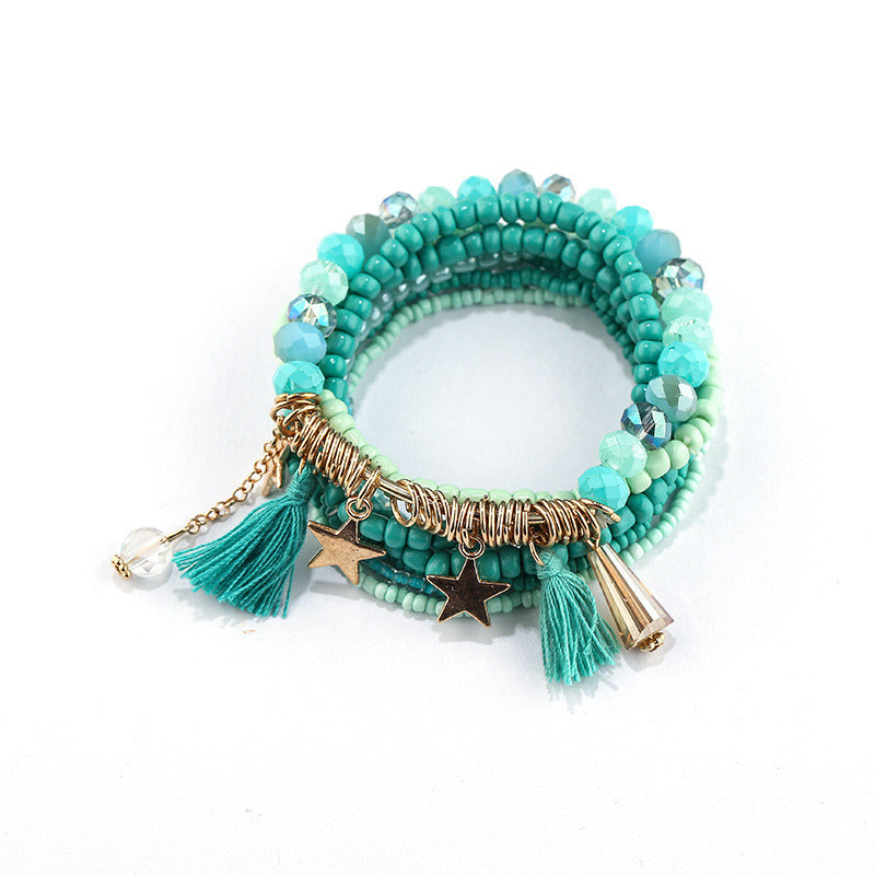 Tassel & Star Pendant Bracelet Boho Style Multilayer Stackable Beaded Bracelet Set Multicolor Hand Jewelry