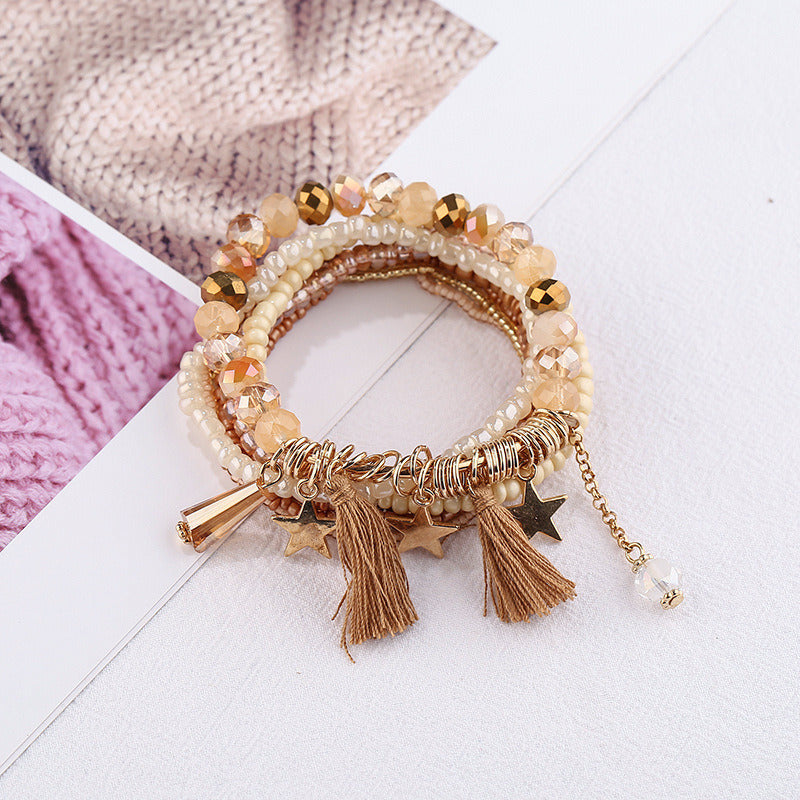 Tassel & Star Pendant Bracelet Boho Style Multilayer Stackable Beaded Bracelet Set Multicolor Hand Jewelry