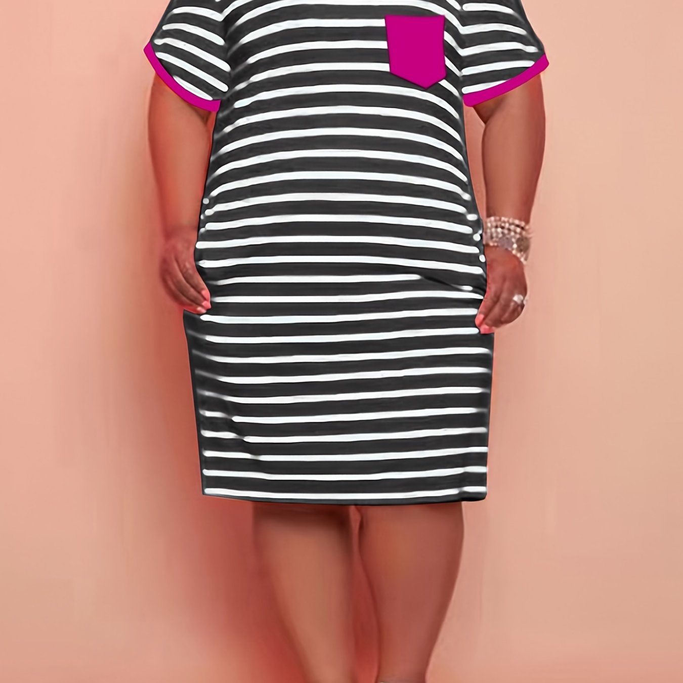 Plus Size Cotton Strip Print Short Sleeve Midi Dress With Pockets; Women's Plus Medium Stretch Dress