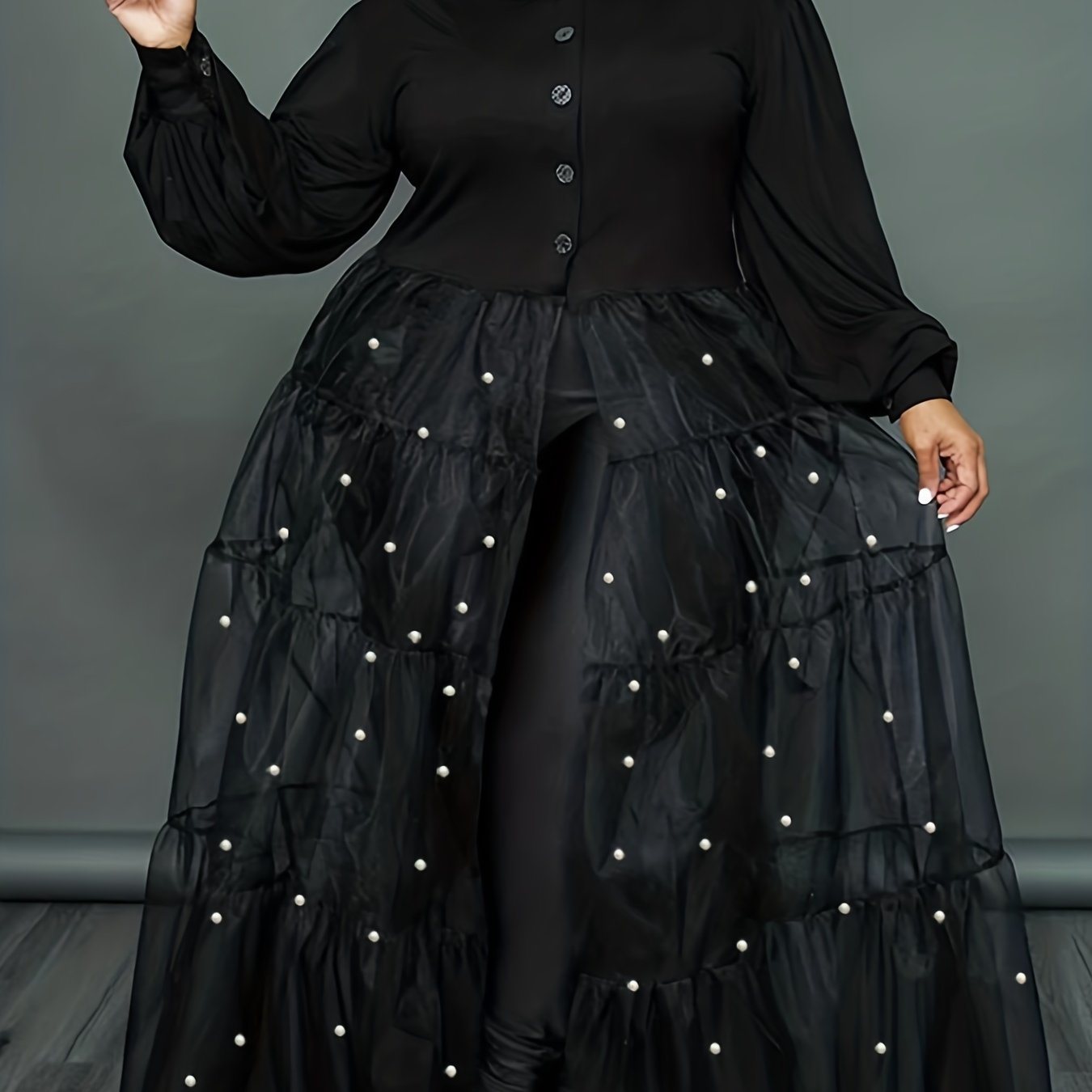 Plus Size High Split Rhinestone Decor Button Front Maxi Dress; Women's Plus Elegant Slight Stretch Long Dress