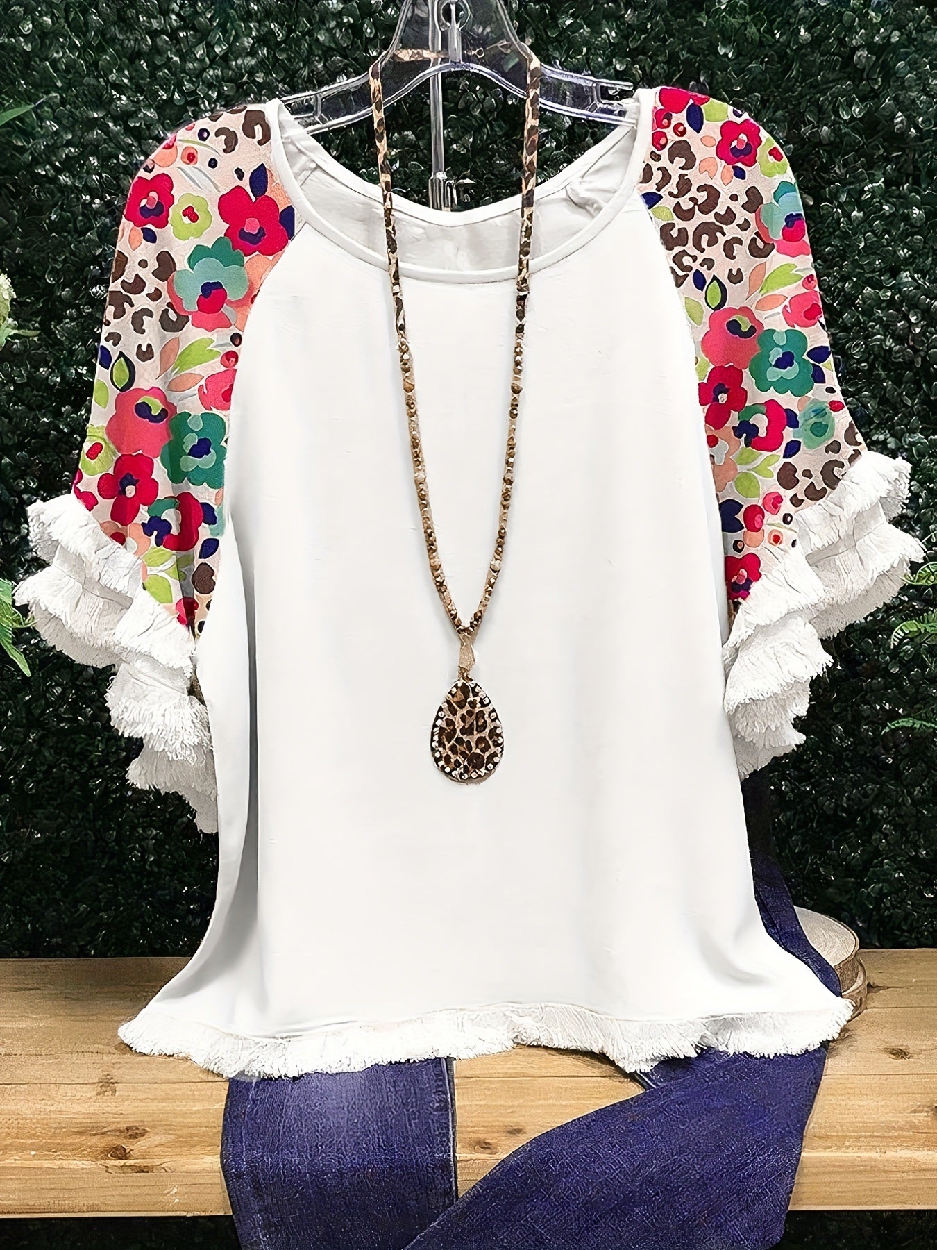 Loose Tassel Floral Print Top; Short Sleeve Crew Neck Color Block T-Shirts; Casual Every Day Tops