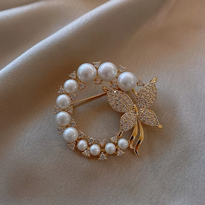 Silvery Wreath Brooch Faux Pearl Butterfly Scarf Buckle Pin Holder Accessories Wedding Corsage