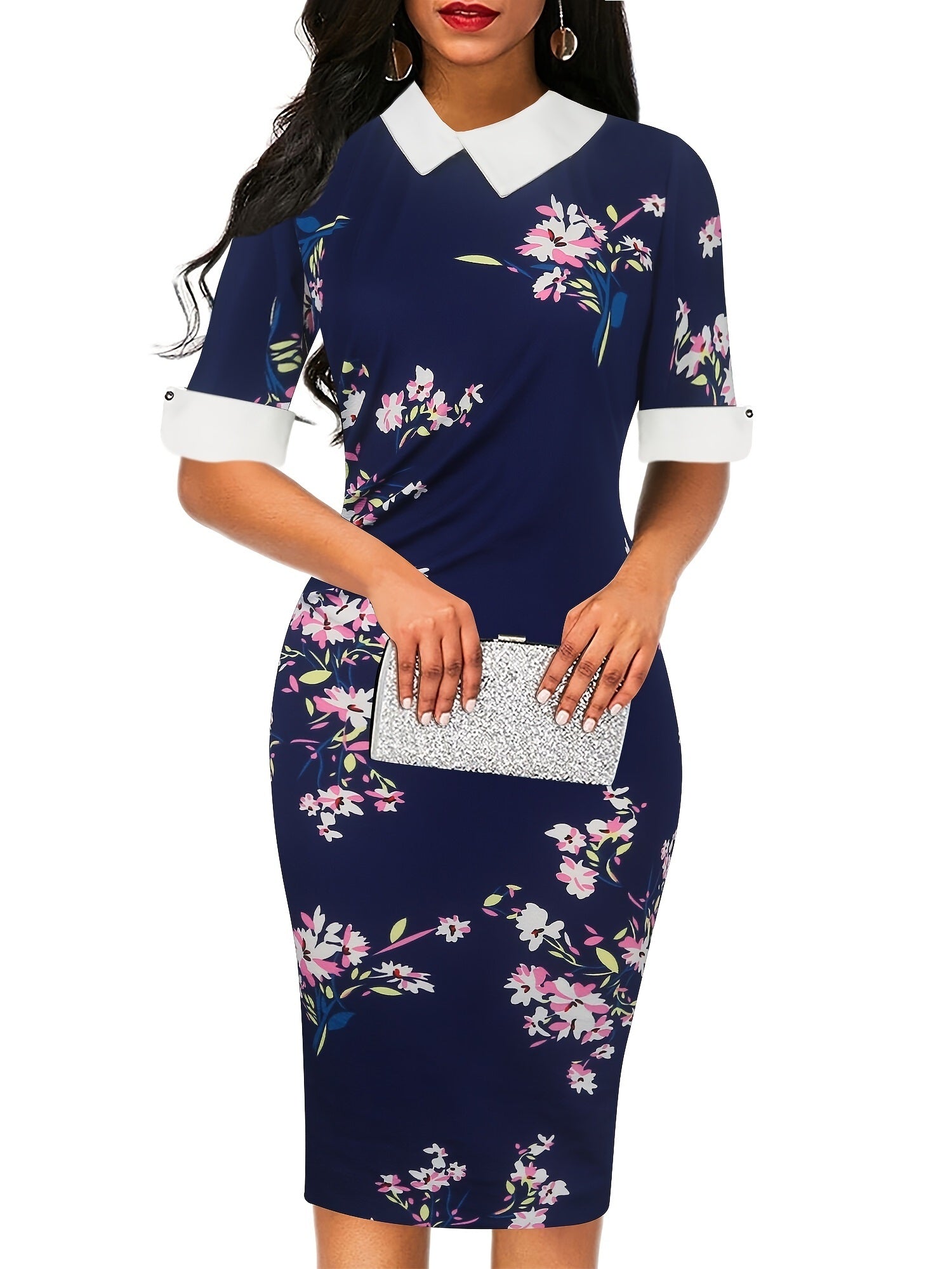 Floral Print Pencil Dress; Doll Collar Casual Every Day Dress For Summer & Spring