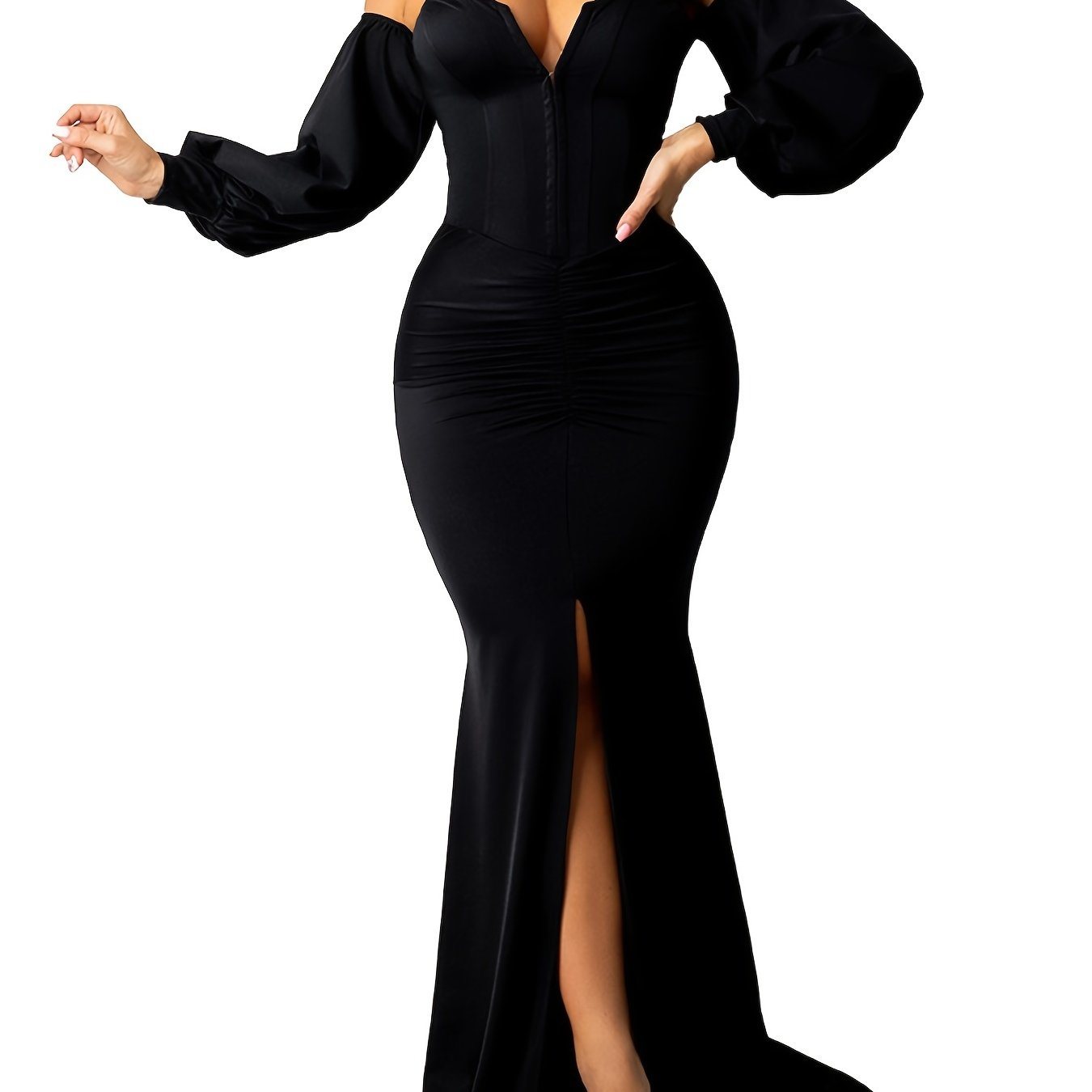 Women's Dresses Women's Sexy Off Shoulder Maxi Dress V Neck Lantern Long Sleeve Split Gown Cocktail Mermaid Formal Dresses