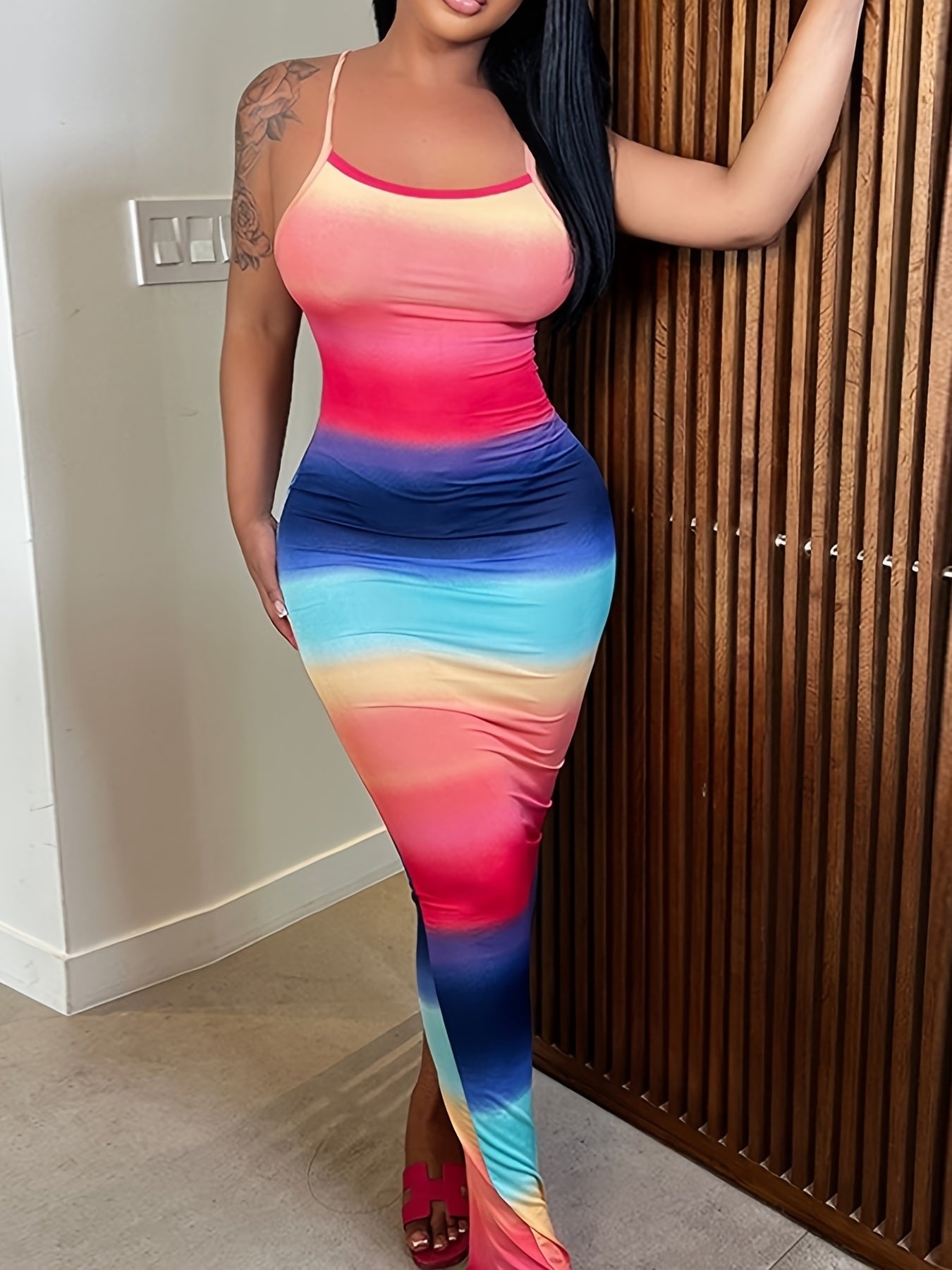 Sexy Rainbow Ombre Cami Slit Dress; Sleeveless Fashion Backless Waist Summer Slim Dresses