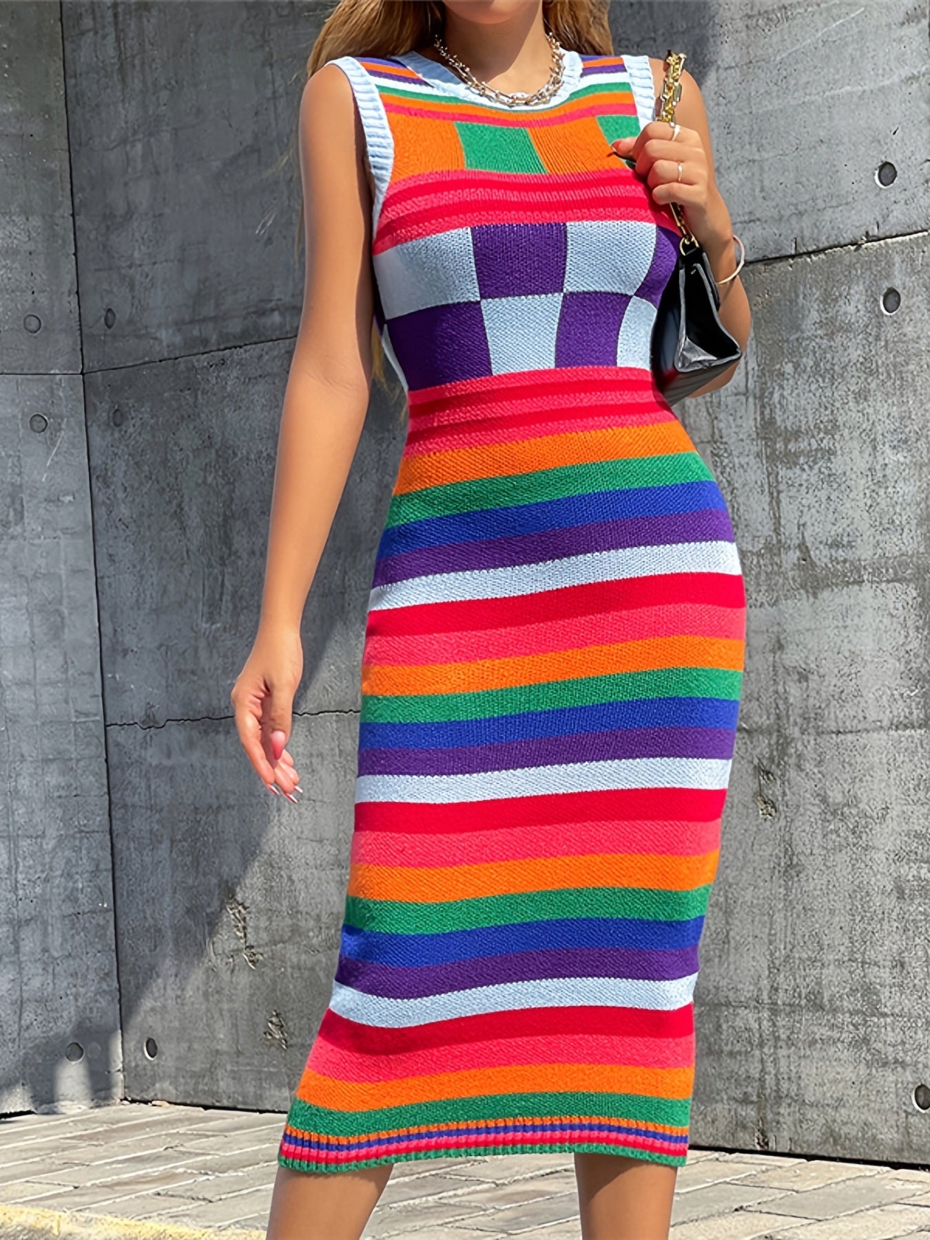 Stylish Color Block Plaid Dress; Crew Neck Sleeveless Dress; Casual Every Day Dress