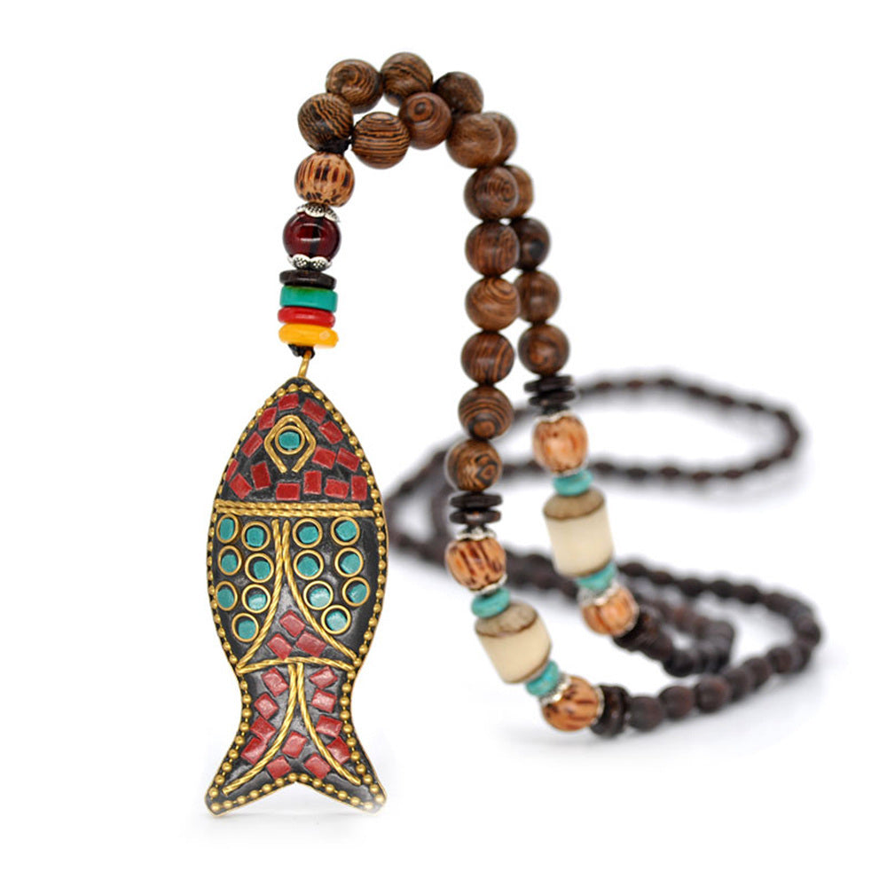 Women Vintage Nepal Ethnic Style Fish Pendant Long Handmade Beaded Necklace