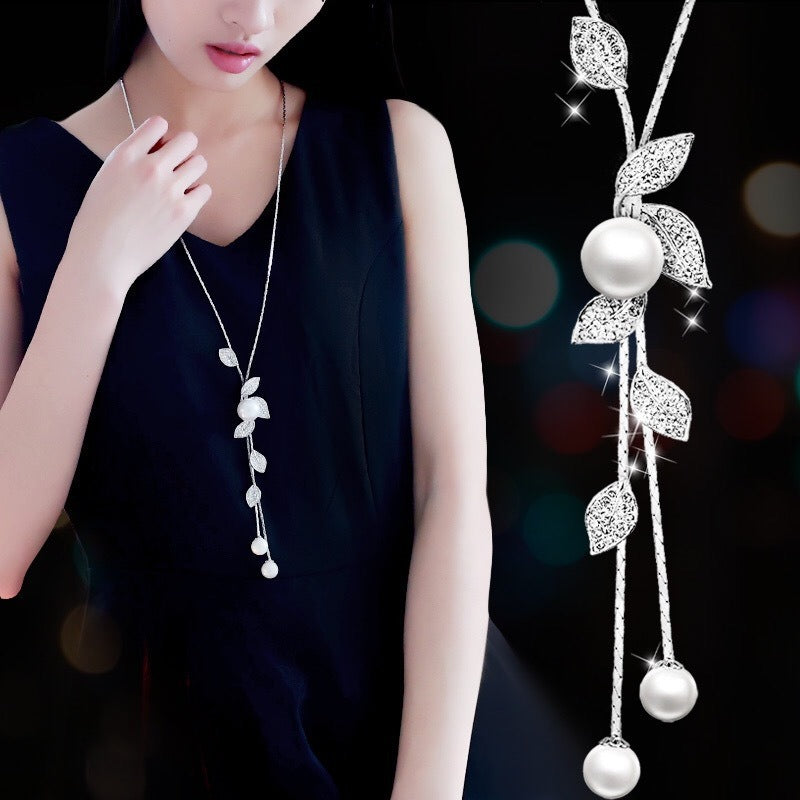 Y-Shaped Charm Necklace Leaf Shaped Rhinestones & Faux Pearls Pendant Dangle Long Necklace Adjustable Elegant Tassel Sweater Chain Women Girl Jewelry