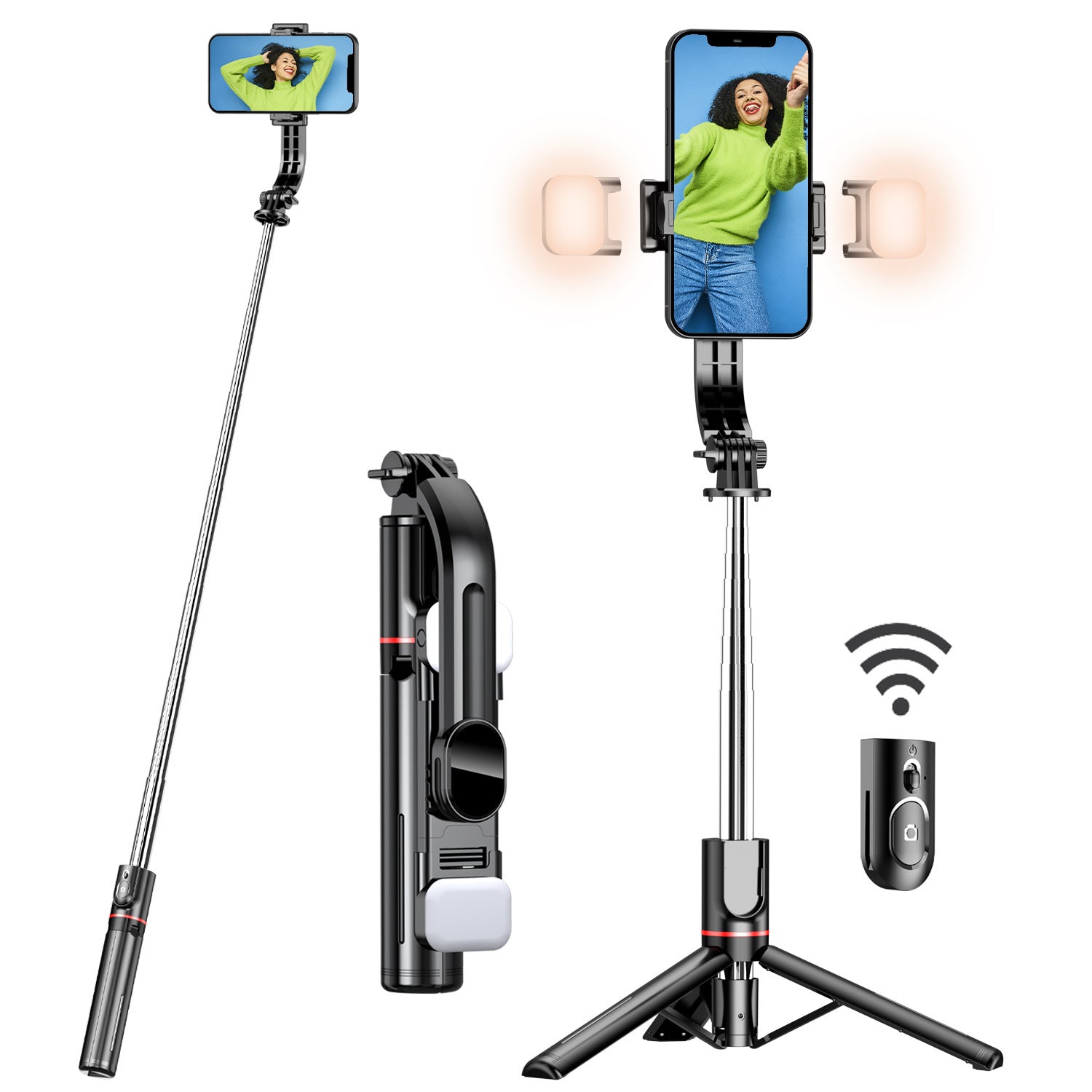 44.9 Inch Foldable Extendable Selfie Stick Mobile Phone Tripod With Front & Rear Light; Detachable Remote Release Hands Free Shooting Compatible With Smartphone; Camera; GoPro