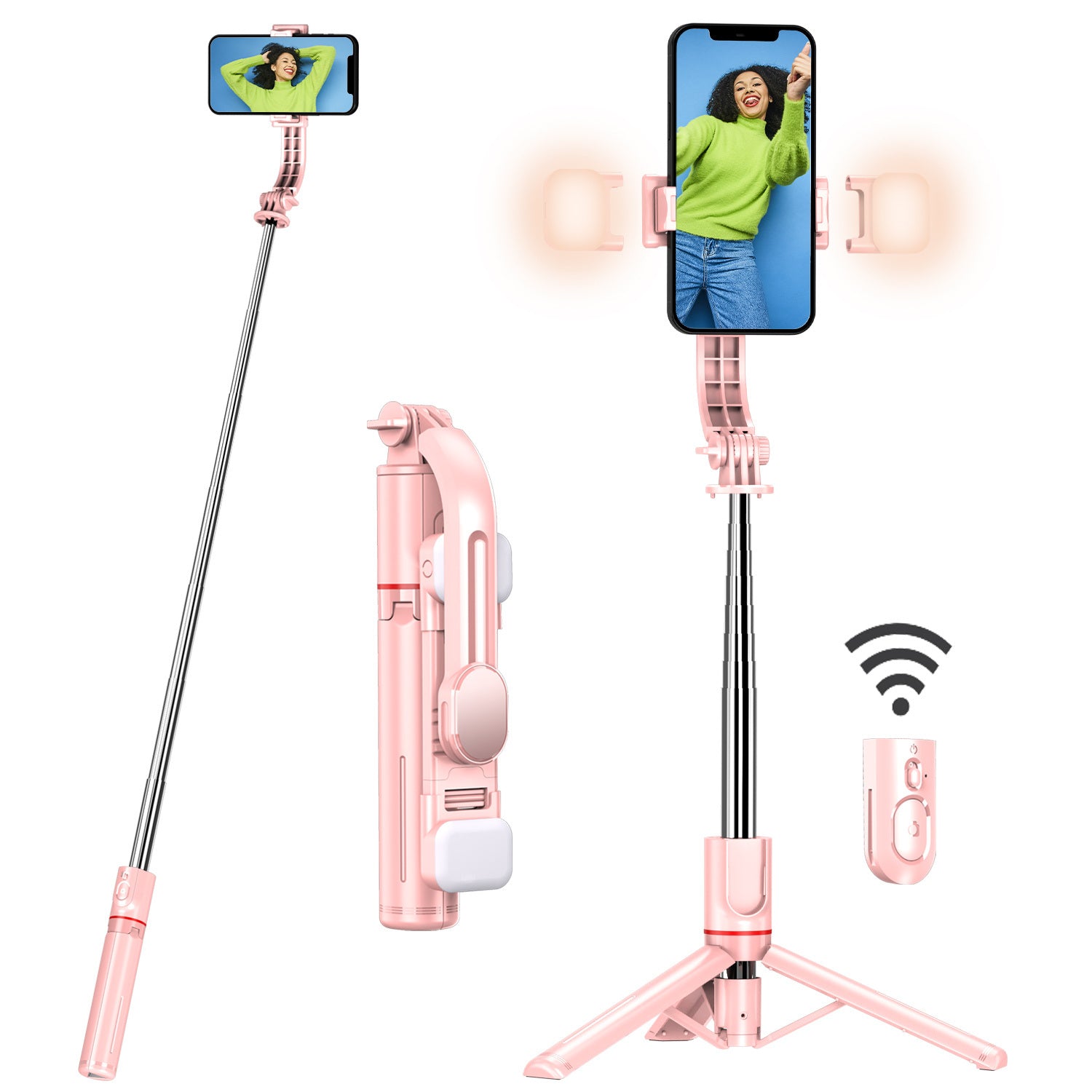 44.9 Inch Foldable Extendable Selfie Stick Mobile Phone Tripod With Front & Rear Light; Detachable Remote Release Hands Free Shooting Compatible With Smartphone; Camera; GoPro