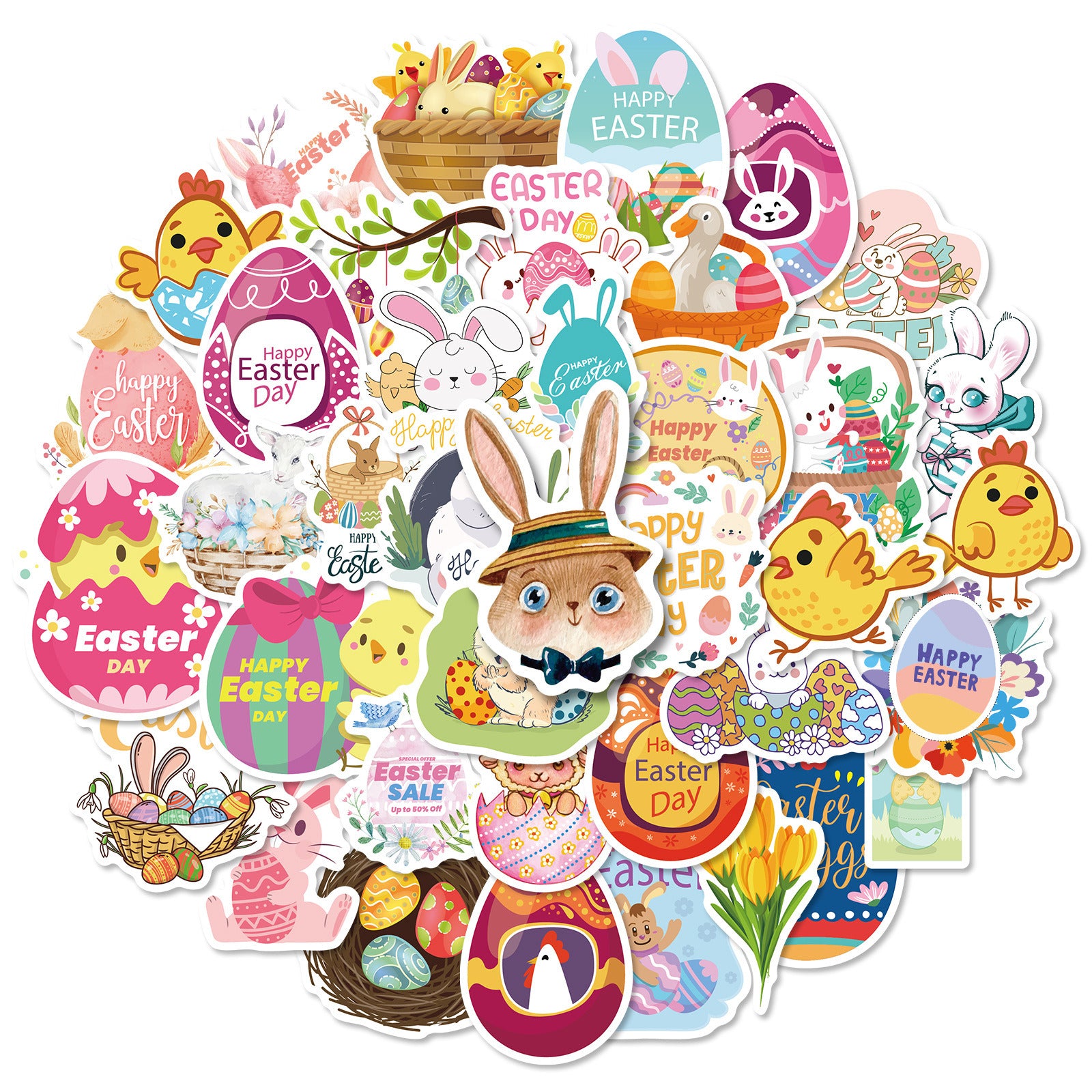 50pcs/roll Easter Day Bunny Rabbit Stickers Roll; Cute Happy Easter Stickers For Kids Children Card Scrapbooking; Easter Art Craft; Easter Gift; Party Favours Decorations; Easter Basket Stuffers