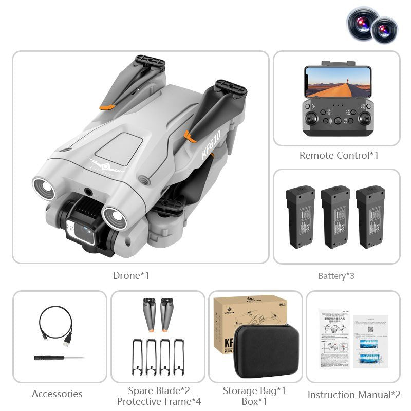 Dual Camera Drone; 3 Sides Obstacle Avoidance; Optical Flow Positioning; Automatic Shot Detection; Real-time Transmission; One Key Return; Folding Body; Suitable For Beginner