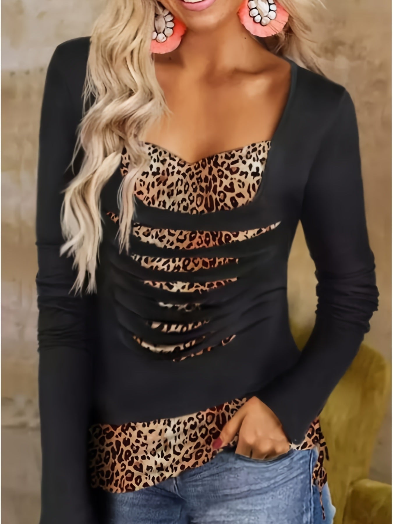 Plus Size Sexy T-shirt; Women's Plus Leopard Print Long Sleeve Ripped Drawstring T-shirt