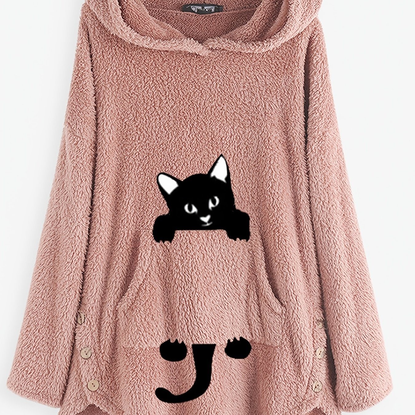 Plus Size Cartoon Cat Print Hoodie Fuzzy Sweatshirt; Women's Plus Pocket Pullover Casual Fuzzy Sweatshirt