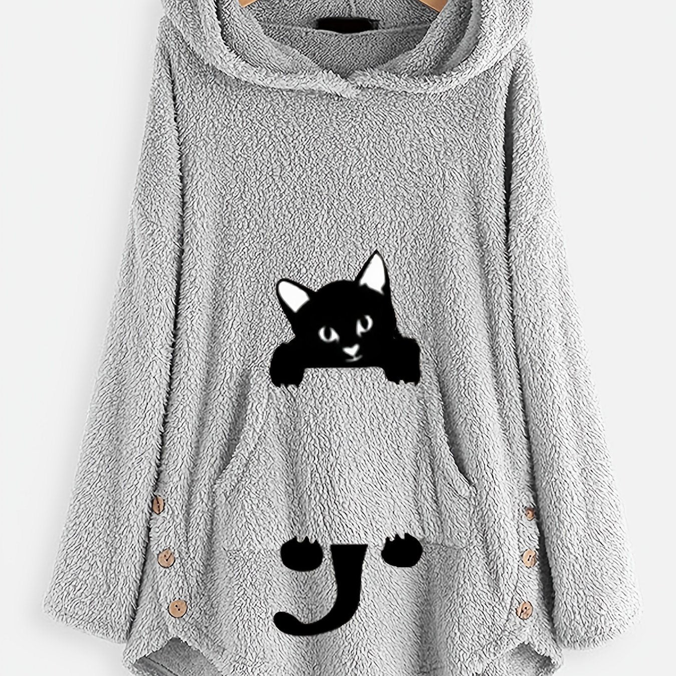 Plus Size Cartoon Cat Print Hoodie Fuzzy Sweatshirt; Women's Plus Pocket Pullover Casual Fuzzy Sweatshirt