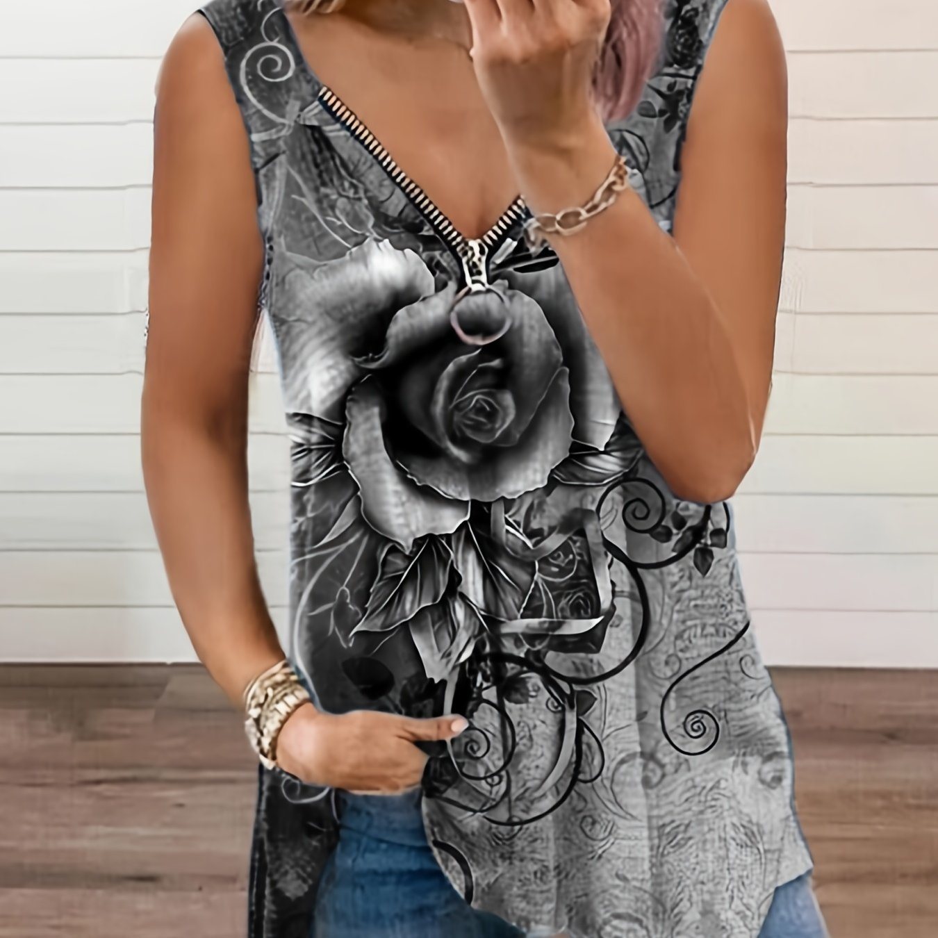 Plus Size Rose Print Zipper Tank Top; Women's Plus Slight Stretch V Neck Casual Tank Top