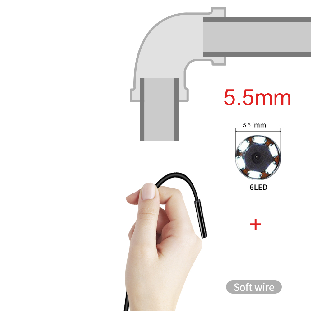 Mini Endoscope Camera Waterproof IP67 Adjustable Soft Hard Wire 6 LEDS 7mm Automotive Endoscope Camera For Android USB Phone PC (Not Supporting IOS Apple Phone)