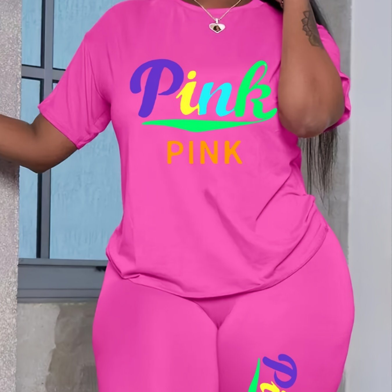 Plus Size Letter Print Short Sleeve Tee & Biker Shorts Set; Women's Plus Medium Stretch Casual 2pcs Set Co-ords