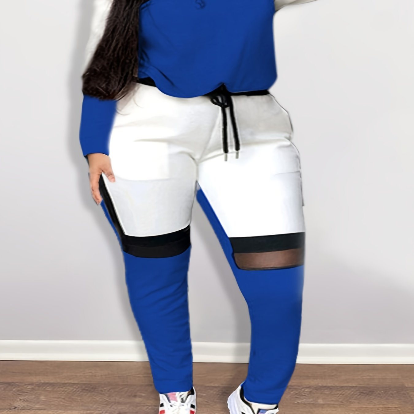 Plus Size Colorblock Contrast Mesh Long Sleeve Sweatshirt & Sweatpants Set; Women's Plus Fashion Casual 2pcs Set Outfit