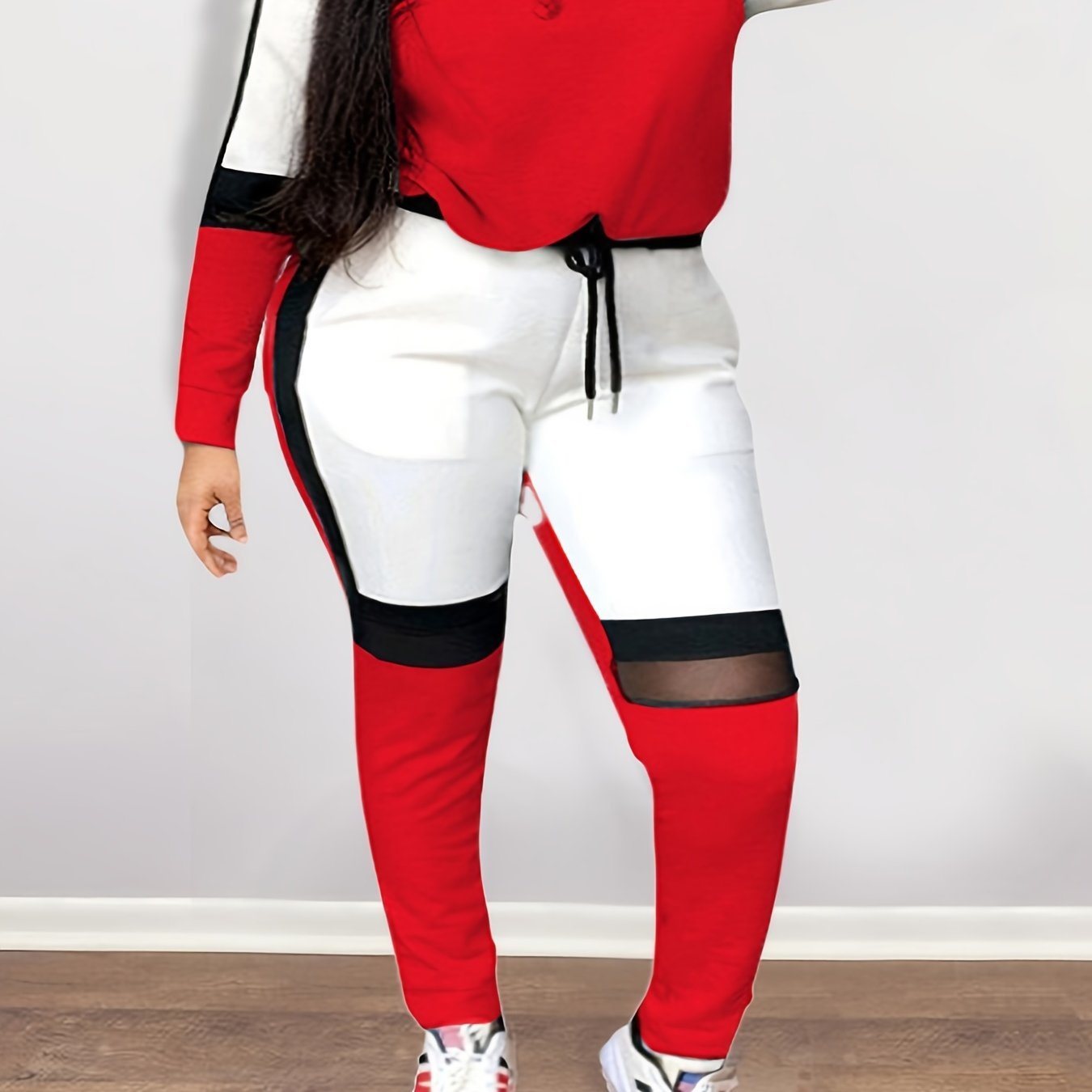 Plus Size Colorblock Contrast Mesh Long Sleeve Sweatshirt & Sweatpants Set; Women's Plus Fashion Casual 2pcs Set Outfit