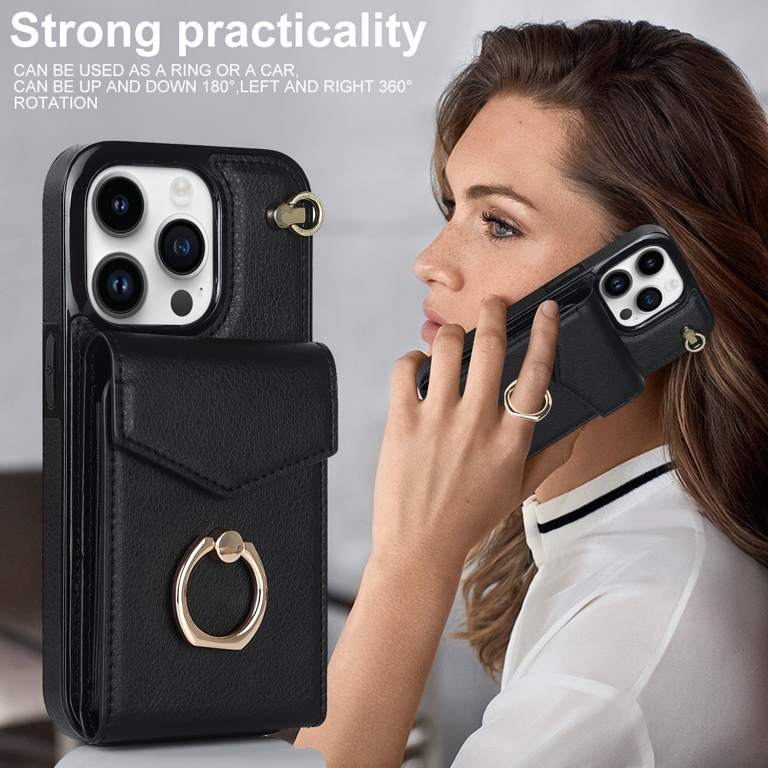 Leather Case With Card Holder; 360° Rotation Ring Stand Protective Case Compatible With IPhone 14 IPhone 14 Pro