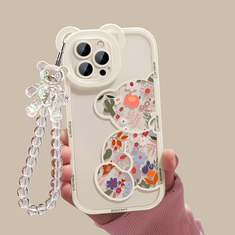 Cute Cartoon 3D 3D Bear Ear Flower Transparent Hang Phone Chain Silicone Case For Iphone 13 11 14 Pro Max 12 XR X XS 7 8 Plus SE2020 2022 SE MiNi Protective Clear Soft Back Cover