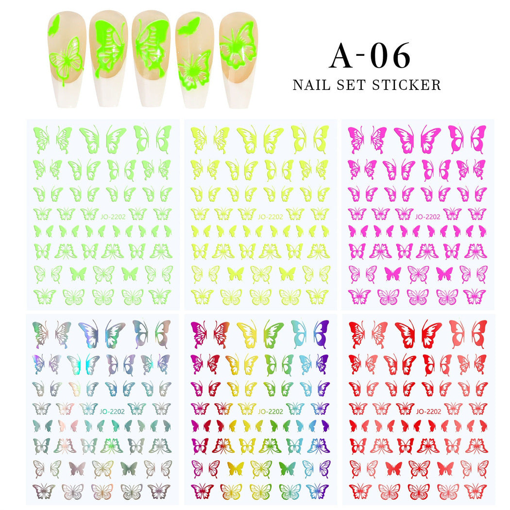 6PCS a Bag New Decoration Nail Stickers Ins Colorful 3D Floral Butterfly Laser Design DIY Adhesive Nail Sticker