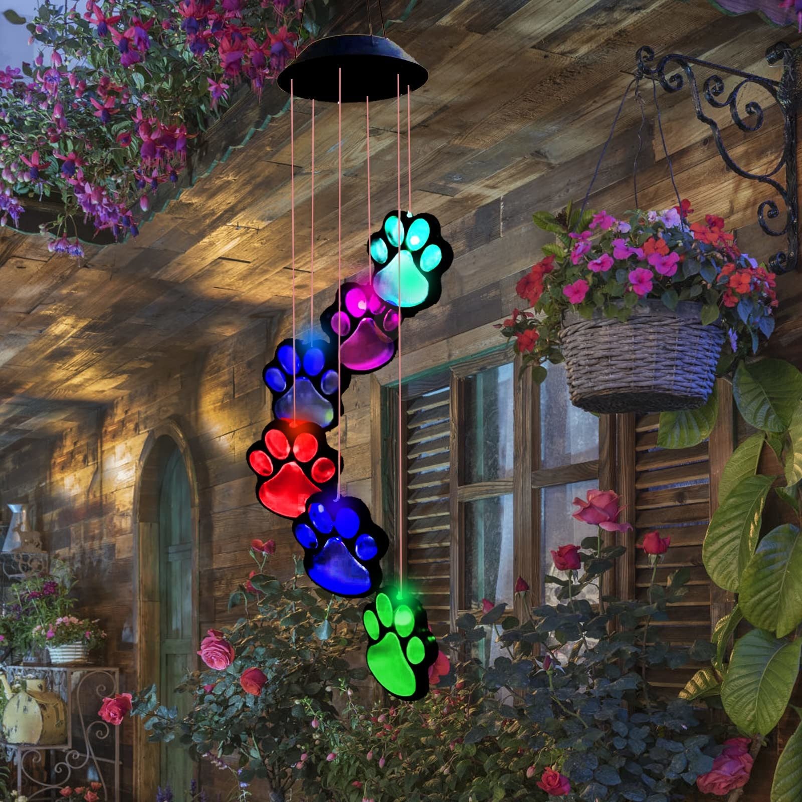 1pc; Paw Print Solar Wind Chimes For Outside; Dogs Cat Pet Paw Print Remembrance Wind Chimes; Waterproof Color Changing Solar Hanging Lights; Sympathy Gift For Pet Lover; Balcony; Patio; Yard Decor