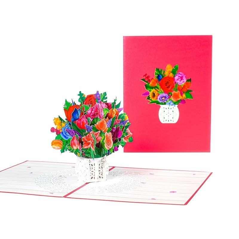 1pc 3D Pop Up Bouquet Flowers Card Greeting Card Handmade Gift For Mother's Day; Father's Day; Anniversary; Birthday; Valentine's Day; Includes Envelope And Note Tag