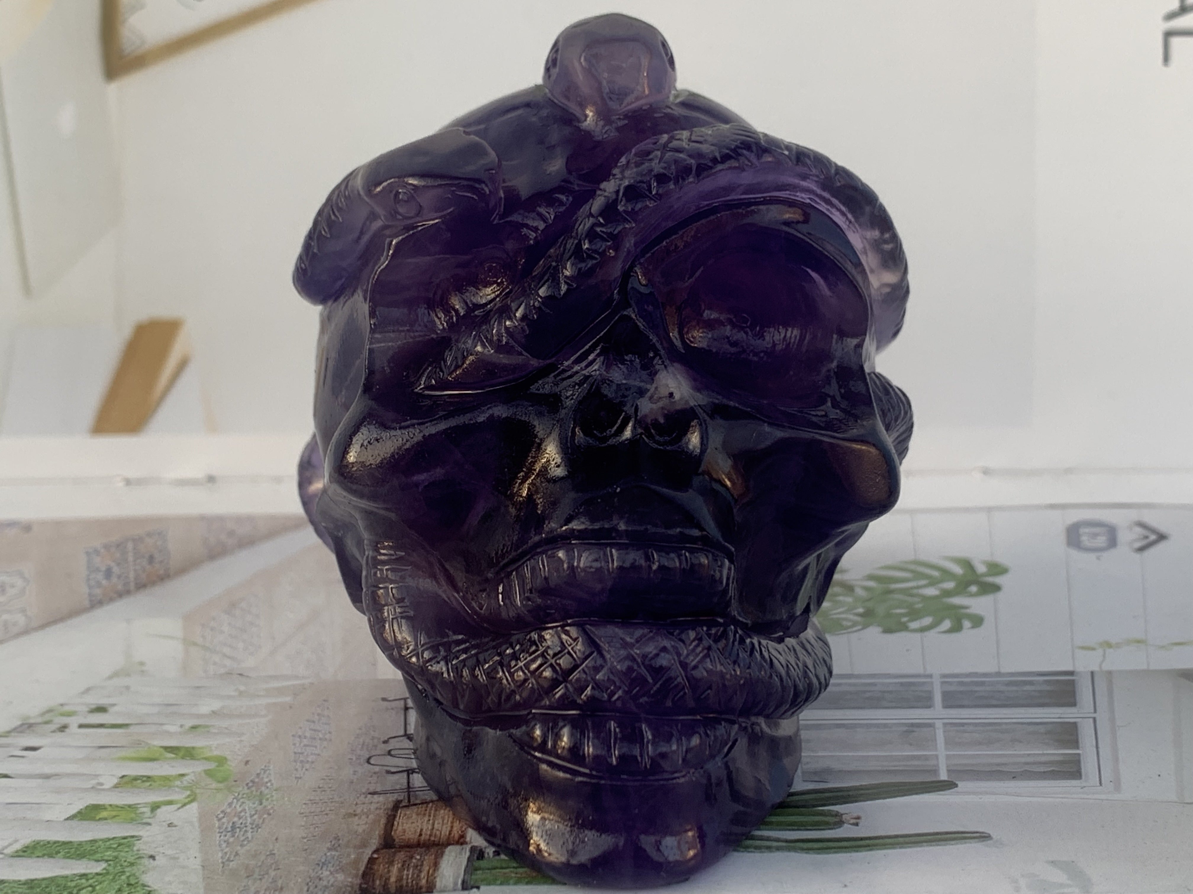 3.4inches Natural purple fluorite quartz crystal hand carved snake skull crystal head skull gifts 1x