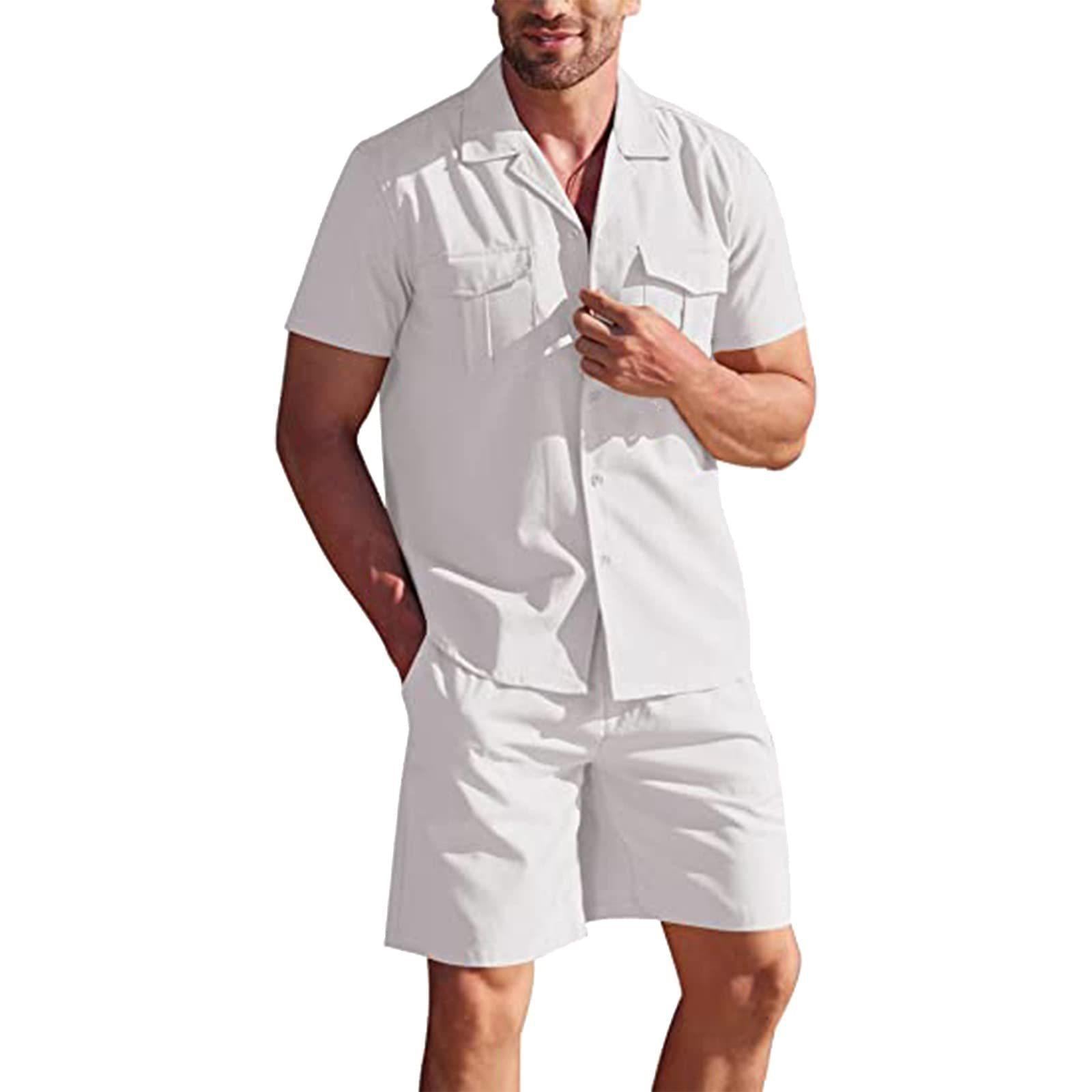 Men's 2 Piece Linen Sets Short Sleeve Button Up Shirt and Shorts Summer Casual Beach Outfits