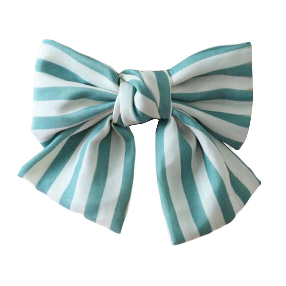 Vintage Aqua Blue Stripe Large Bowknot French Barrettes Handmade Chiffon Hair Clip