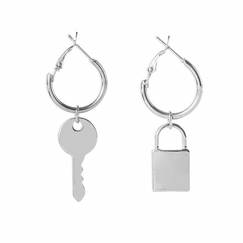 Asymmetric Big Circle Round Hook Dangle Earrings Metal Key Lock Dangle Earrings; 3 Pairs