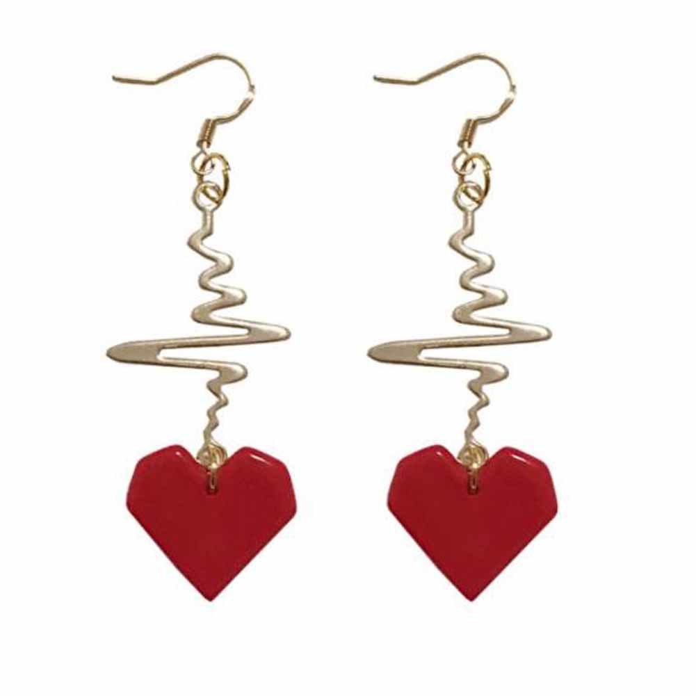 Heartbeat Dangle Earring Heart Drop Hook Earrings Long Pendant Dangle Jewelry for Woman; Red