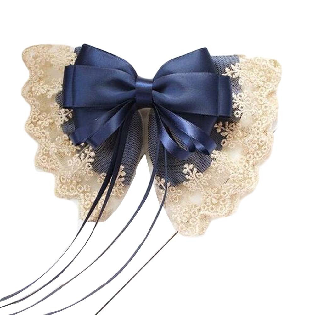 Blue Vintage Lace Large Bowknot French Barrettes Handmade Chiffon Hair Clip with Ribbon