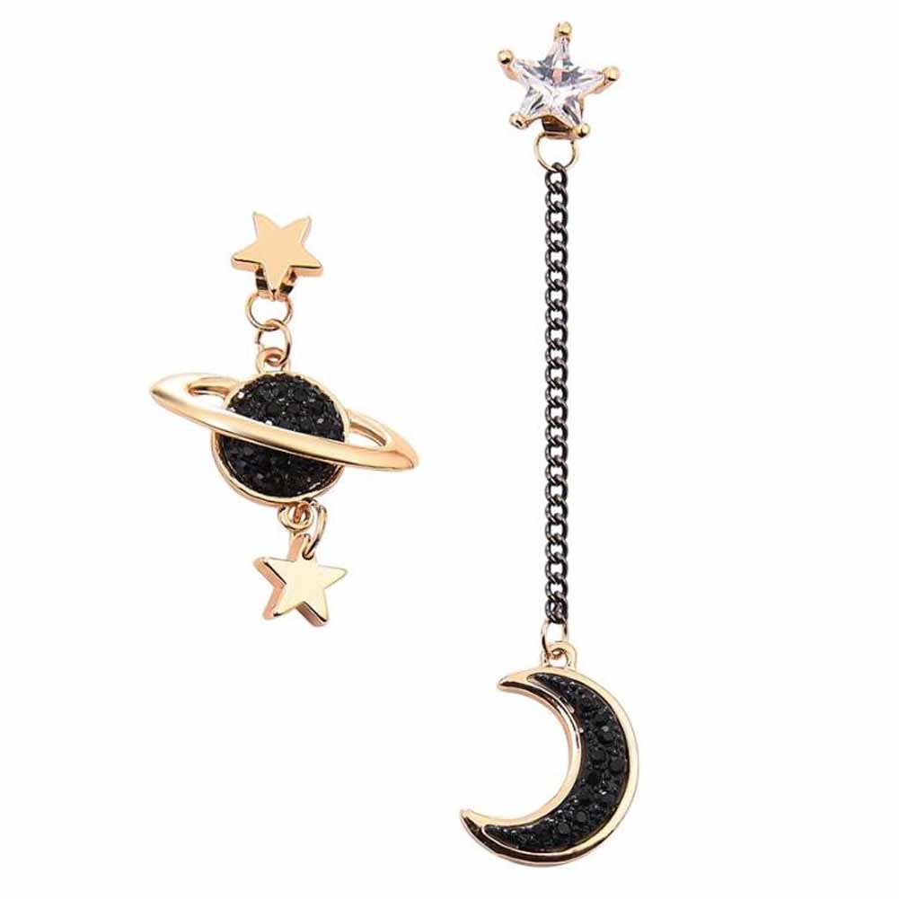 Asymmetric Stud Earrings Women Long Pendant Dangle Earrings Moon and Star Planet Drop; Black