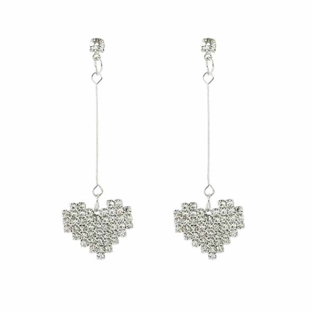 Rhinestone Heart Shape Long Pendant Dangle Earrings Party Stud Earrings for Women; Silver Color; 2 Pairs