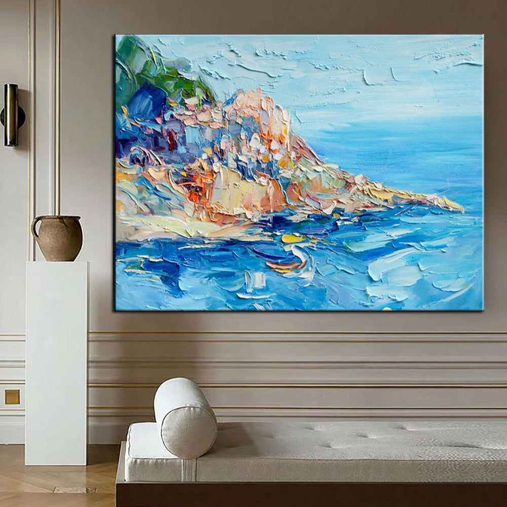 Handmade Oil Painting Floral Ocean Painting Italy Amalfi Seascape Painting Colorful flower Positano Coast Impasto painting Frameless Only Canvas