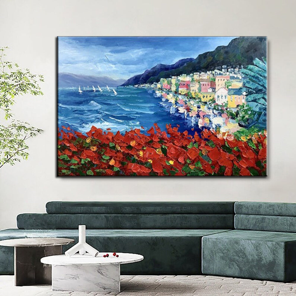 Handmade Oil Painting Floral Ocean Painting Italy Amalfi Seascape Painting Colorful flower Positano Coast Impasto painting Frameless Only Canvas