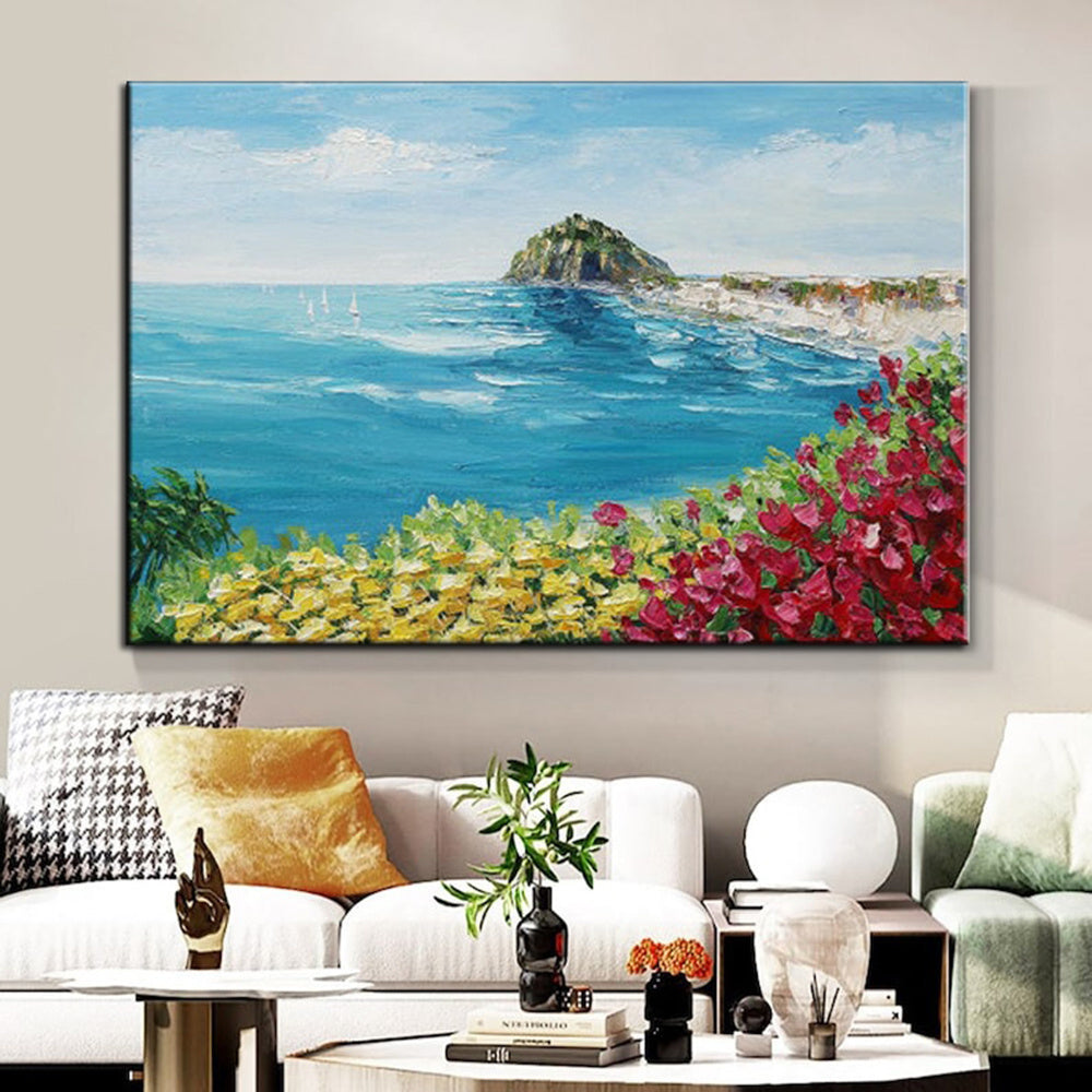 Handmade Oil Painting Floral Ocean Painting Italy Amalfi Seascape Painting Colorful flower Positano Coast Impasto painting Frameless Only Canvas