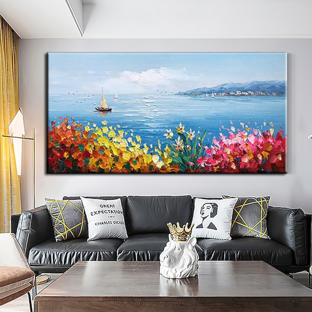 Handmade Oil Painting Floral Ocean Painting Italy Amalfi Seascape Painting Colorful flower Positano Coast Impasto painting Frameless Only Canvas